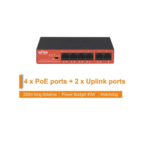 4FE + 2FE Uplink Ports 250M Long Range PoE Switch with 4PoE Port, WI-PS205H V2-Wi-Tek-CTC Communications
