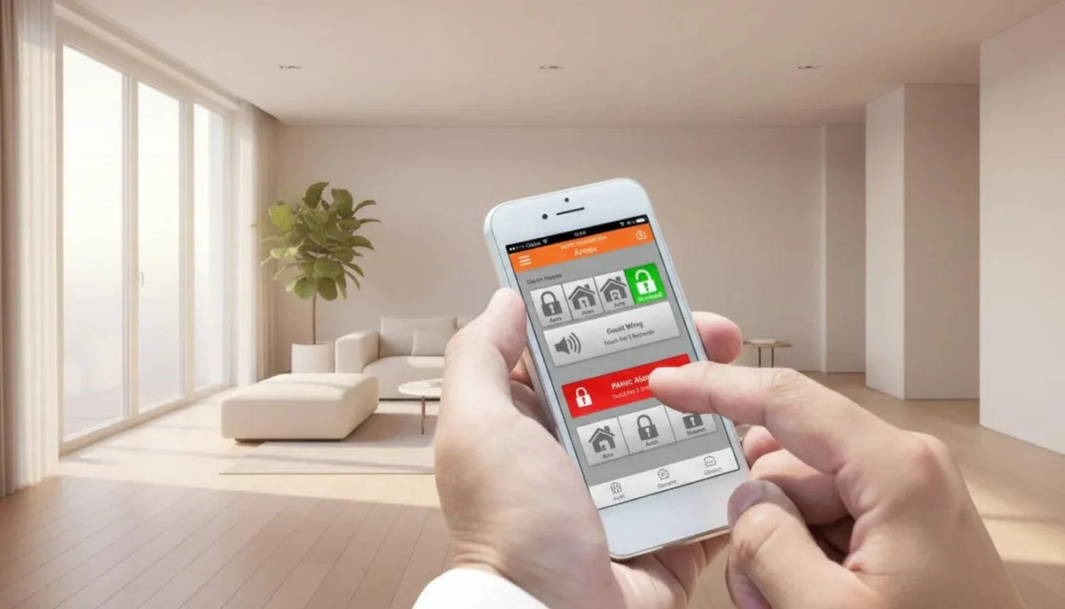 Hands holding a white smartphone displaying a home alarm system app with lock and unlock icons.