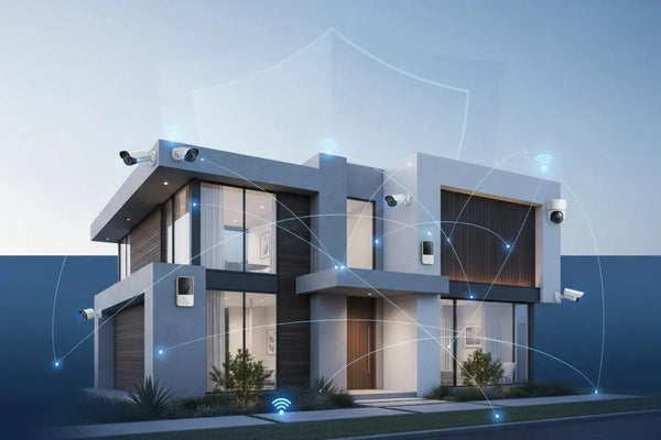 Modern smart home with multiple security cameras, Wi-Fi signals, and a shield icon for protection.