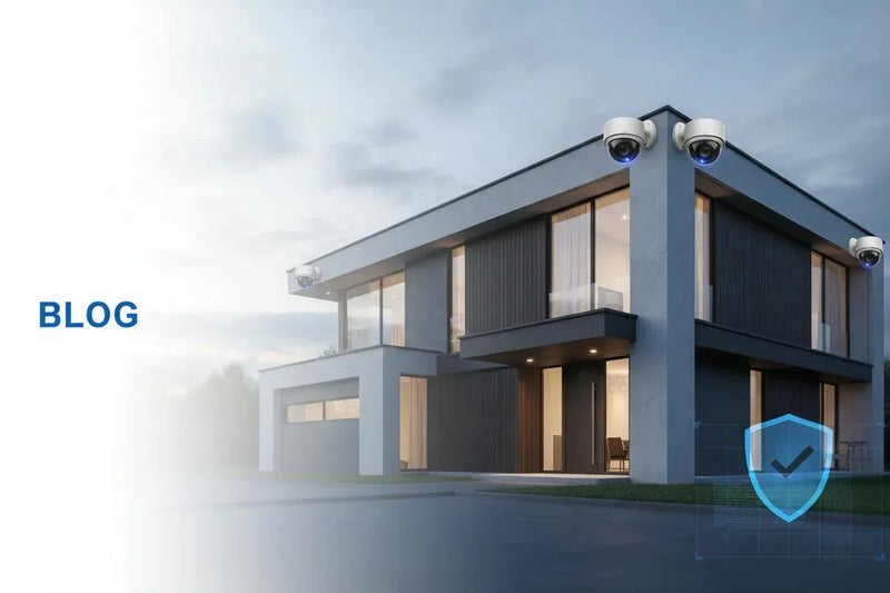 Modern home with multiple white surveillance cameras and a blue security shield icon.