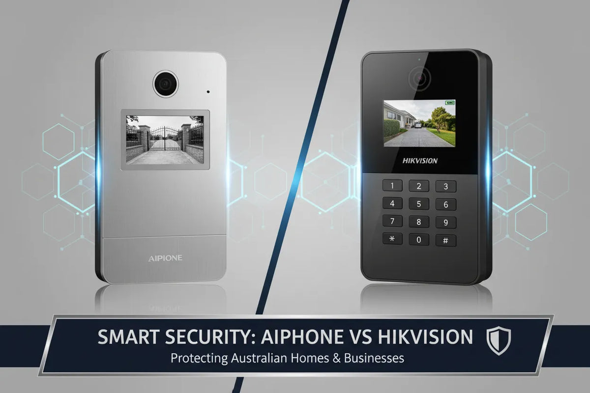 Aiphone and Hikvision intercom systems side-by-side, showcasing their sleek designs and video screens.