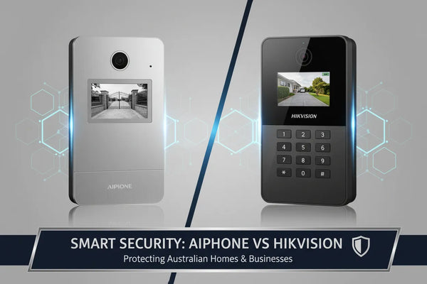 Aiphone and Hikvision intercom systems side-by-side, showcasing their sleek designs and video screens.