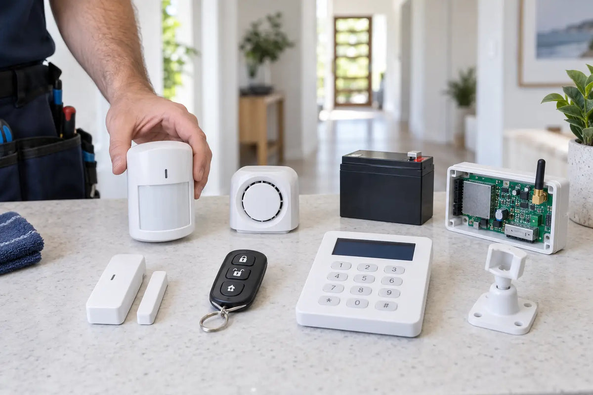 Home alarm accessories including a motion detector, siren, backup battery, keypad, remote and reed switch