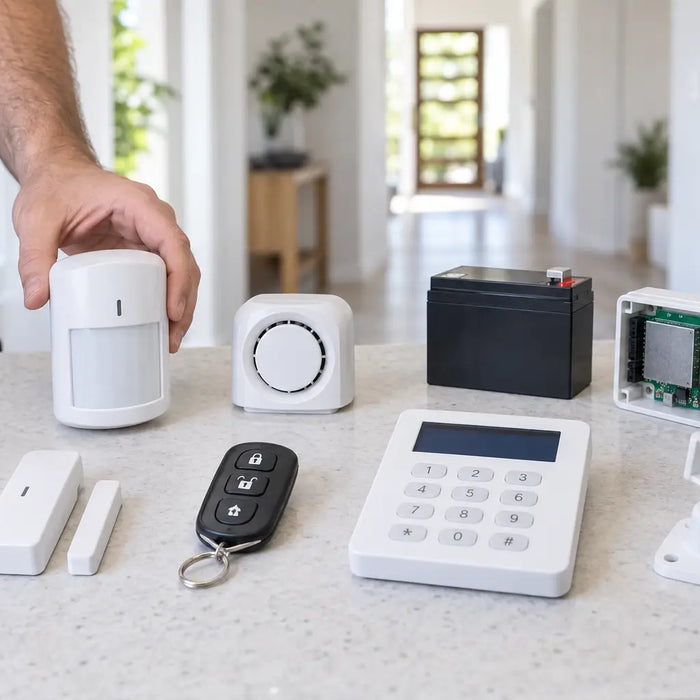 Home alarm accessories including a motion detector, siren, backup battery, keypad, remote and reed switch