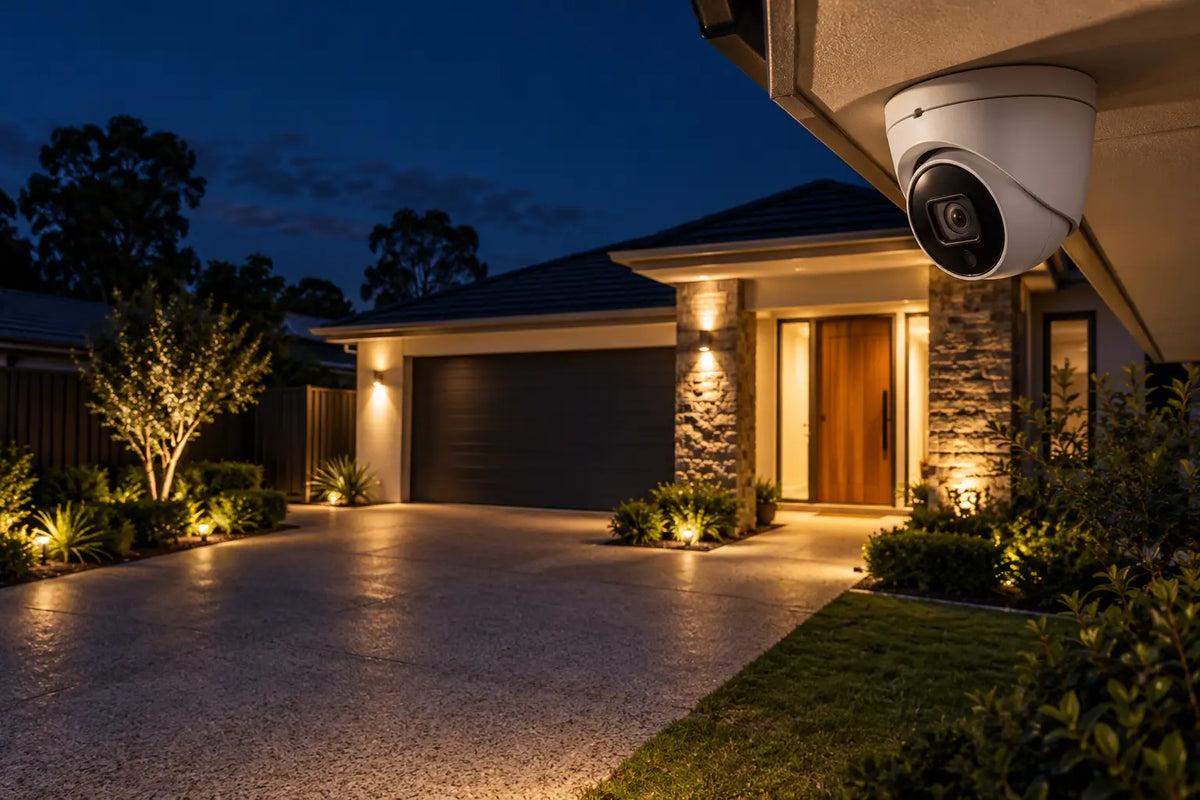 Turret security camera overlooking an illuminated home driveway and entrance at night.