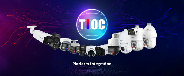 A diverse range of Dahua TiOC security cameras, including bullet, dome, and PTZ models, with "TiOC" in a glowing orb.