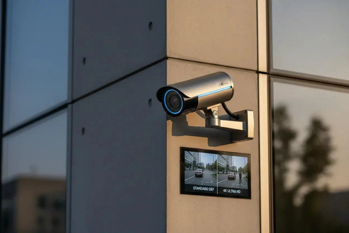 Sleek silver 4K security camera mounted on a modern building, displaying a clear 4K vs. standard def comparison.