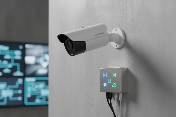 White ONVIF security camera mounted on a gray wall with a network device below it.