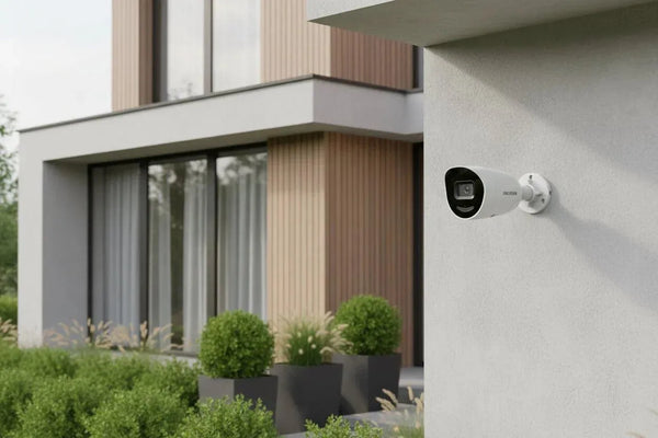 White Hikvision CCTV camera mounted on a modern home's exterior wall.