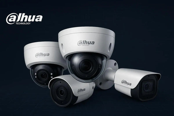 A collection of white Dahua 4K security cameras, including dome and bullet styles, on a dark background.