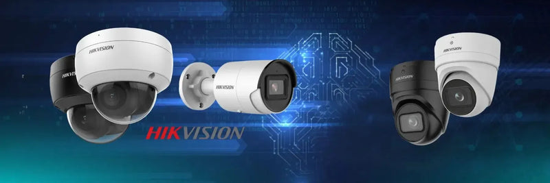 Various Hikvision CCTV cameras, including white dome and bullet models, against a digital circuit background.