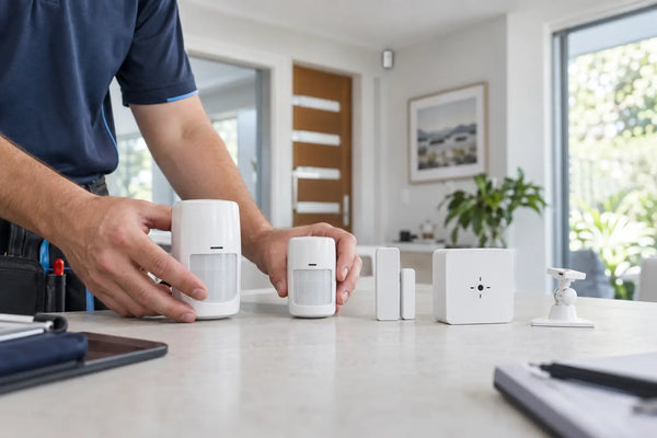 Security technician comparing motion detectors and alarm sensors for an Australian home