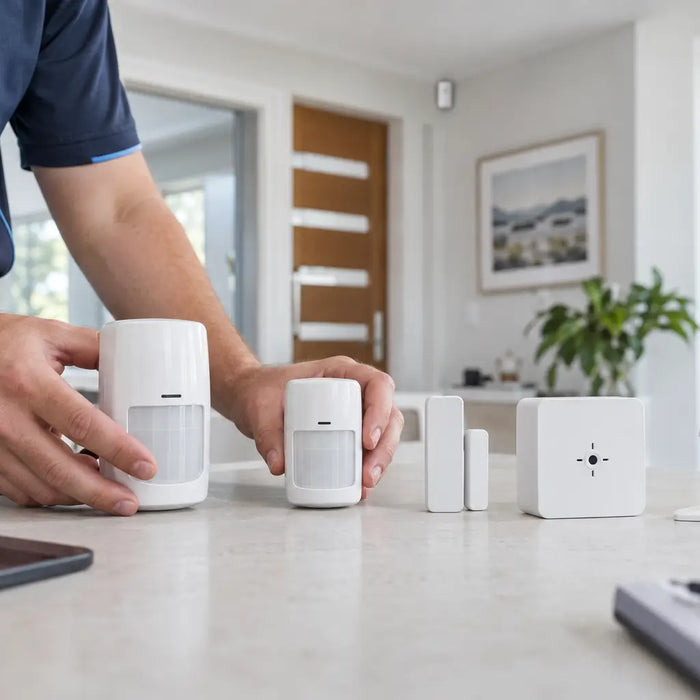 Security technician comparing motion detectors and alarm sensors for an Australian home