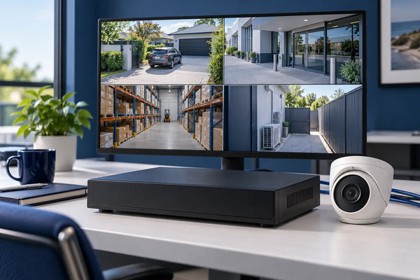 Network video recorder and turret camera beside a monitor displaying four CCTV views.