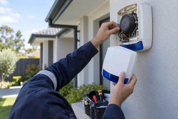 Security technician inspecting and replacing an external home alarm siren