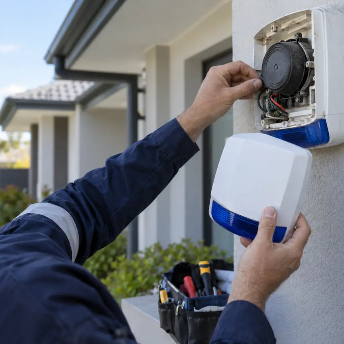 Security technician inspecting and replacing an external home alarm siren