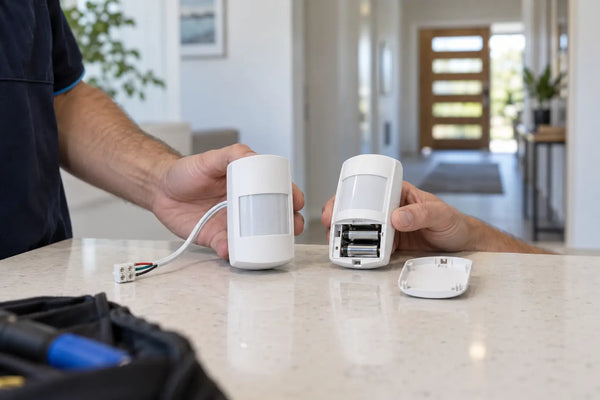 Security technician comparing wired and wireless motion sensors for a home alarm system