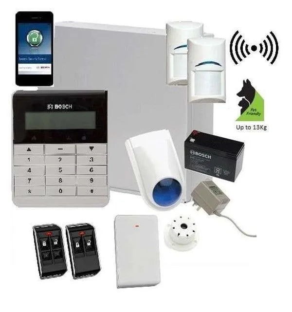 Bosch Solution 3000 Alarm System with 2 x Wireless Detectors + Text Code pad+ IP Module, Plastic remotes