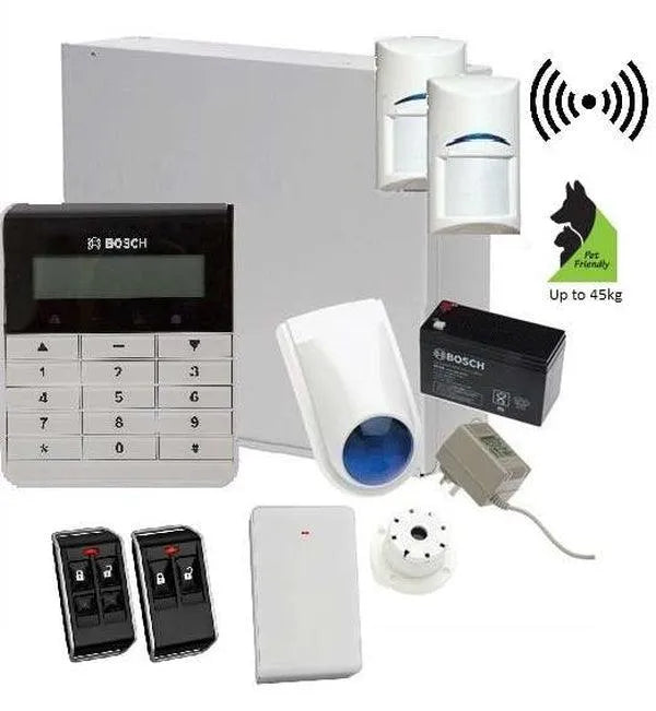 Bosch Solution 3000 Alarm System with 2 x Wireless Tritech detectors +Text Code pad, Plastic remotes