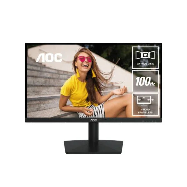 AOC monitor displaying a woman in a yellow shirt and pink sunglasses, with product features on the screen.