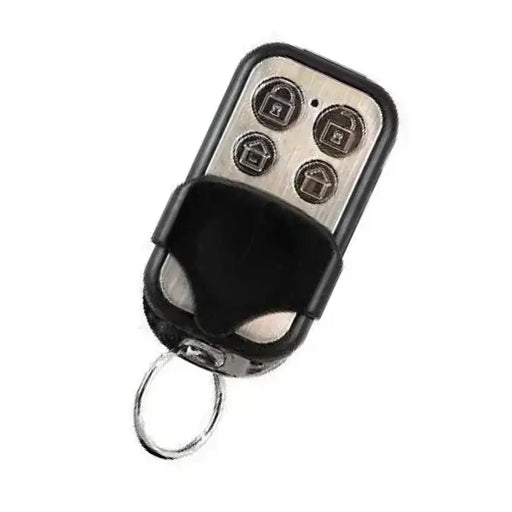 A black and silver electronic keyless entry remote fob with four buttons, a black plastic holster, and a silver metal key ring, shown on a plain white background.