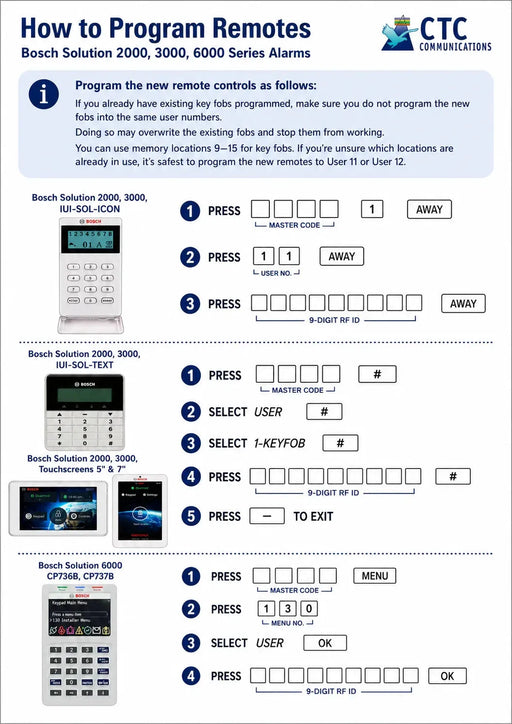 Instructional sheet on programming remotes for Bosch Solution 2000, 3000, 6000 series alarms by CTC Communications.