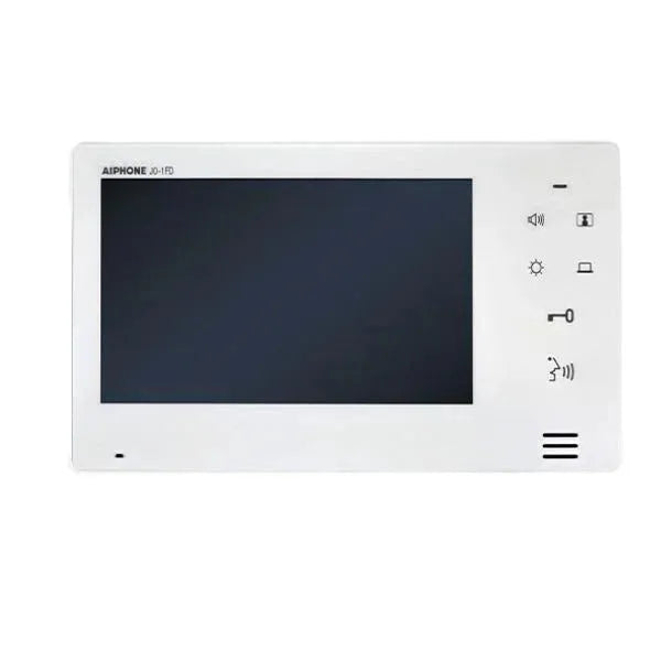 White video doorbell monitor Aiphone-Intercom-Monitor-JO-1FD with a black screen on a white background