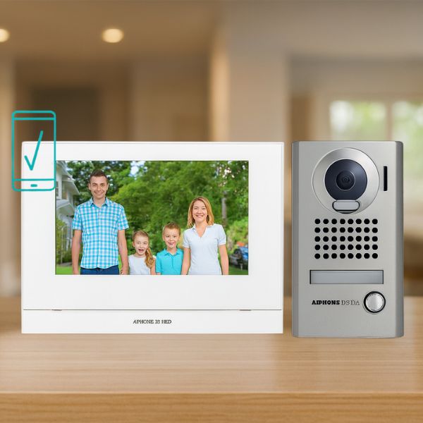 Video doorbell system with display panel and camera on a wooden surface.