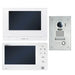 Two video door phones with screens and a metallic panel on a white background