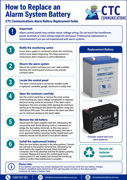 Step by step instruction guide on how to replace your alarm battery from CTC Communications
