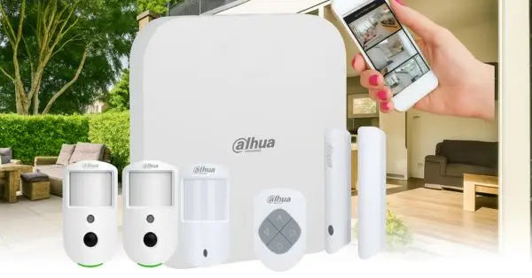 Dahua security system with outdoor sensors and a smartphone app interface.