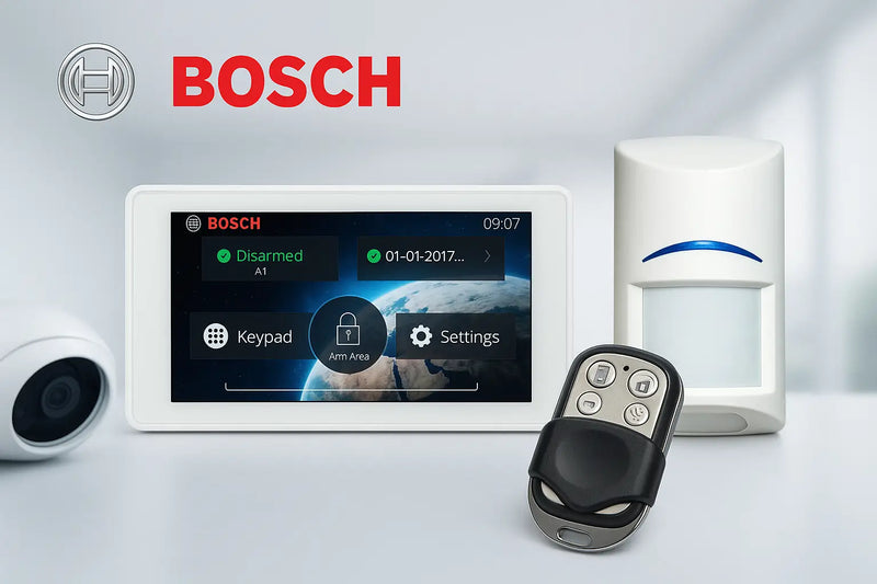 Bosch home security system with display, camera, and remote control on a white background