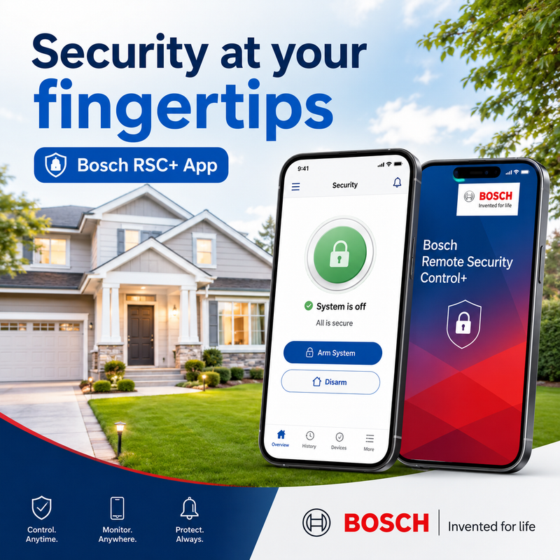 Bosch RSC+ app on smartphones with a house in the background, emphasizing home security.