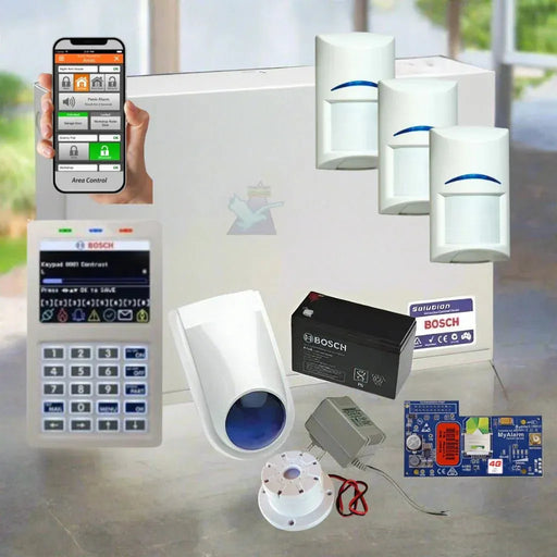 Bosch home security system components including a keypad, sensors, and smartphone app on a light background.