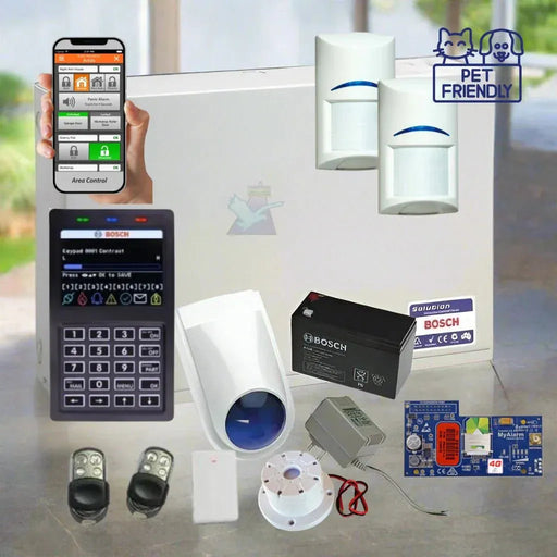 Bosch security system components including a smartphone app, control panel, motion detector, and batteries on a table.