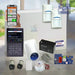 Bosch security system components including a smartphone app, control panel, motion detector, and batteries on a table.