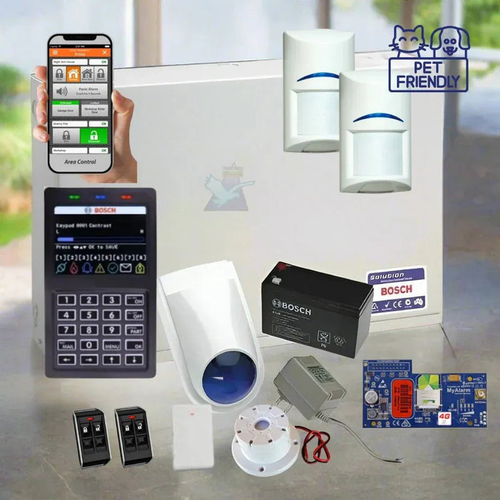 Bosch security system components including a smartphone app, keypad, motion detectors, and batteries on a table.