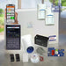 Bosch security system components including a smartphone app, keypad, motion detectors, and batteries on a table.