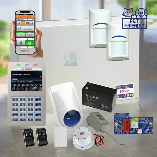 Bosch security system components including a smartphone app, sensors, and control panel on a light background.