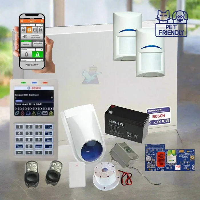 Bosch home security system components including a smartphone app, sensors, and control panel on a light background.