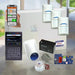 Collection of Bosch security system components including a smartphone with app, keypad, sensors, and battery on a light background.