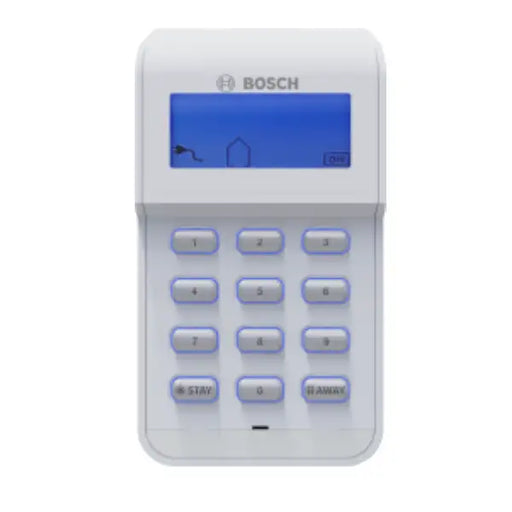 A white Bosch keypad device with a blue backlit display screen and twelve numeric buttons, shown on a plain white background.