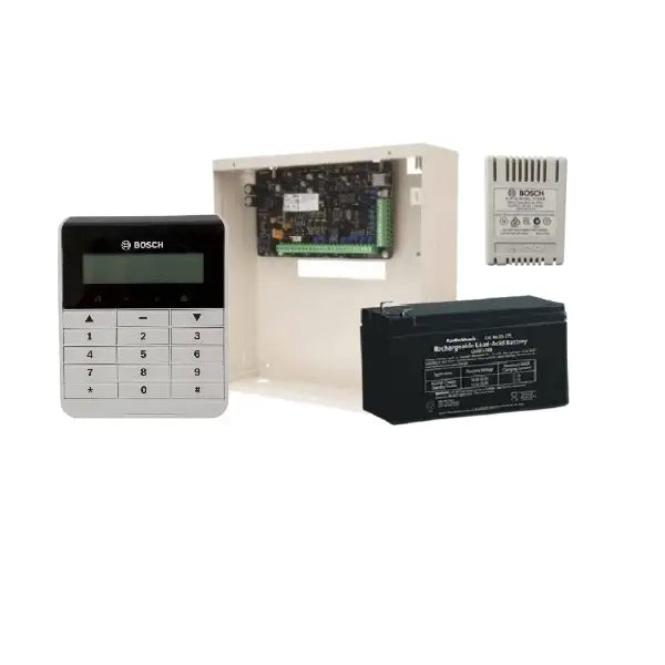 Bosch security alarm control panel kit with a black and white keypad, open beige control box showing internal circuit board, white relay module, and black battery on a white background.