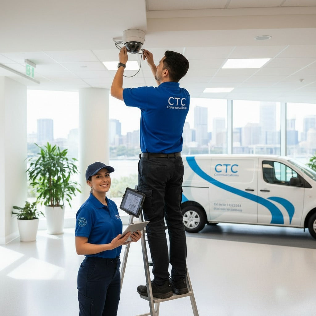 Two technicians in blue CTC uniforms installing a security camera in an office setting.
