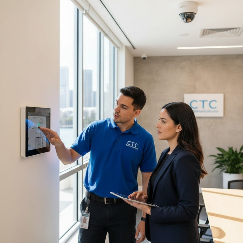 Two professionals, one in a blue CTC shirt and the other in a dark suit, interacting with a digital display in an office setting.