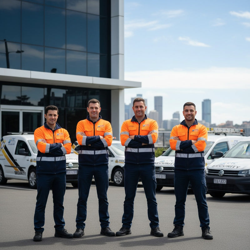 Four men in high-visibility orange vests standing in front of a building with vehicles and a city skyline in the background.