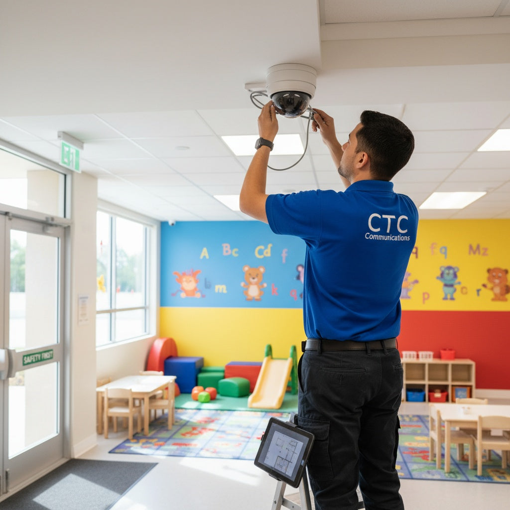 Person in a blue shirt with 'CTC Communications' installing a security camera in a colorful classroom.