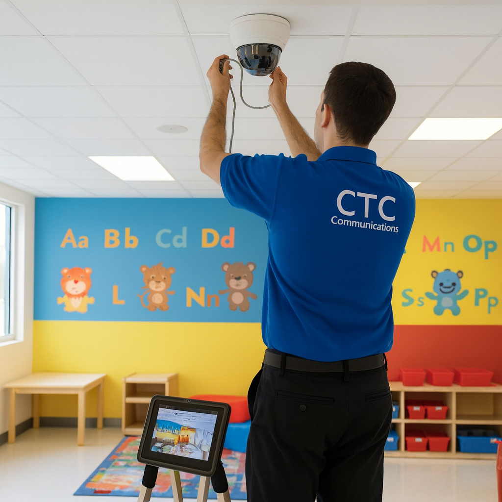 Person installing a security camera in a classroom with colorful walls and educational posters.