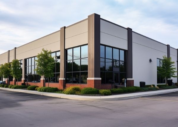 Commercial building with large windows and a beige facade on a clear day.