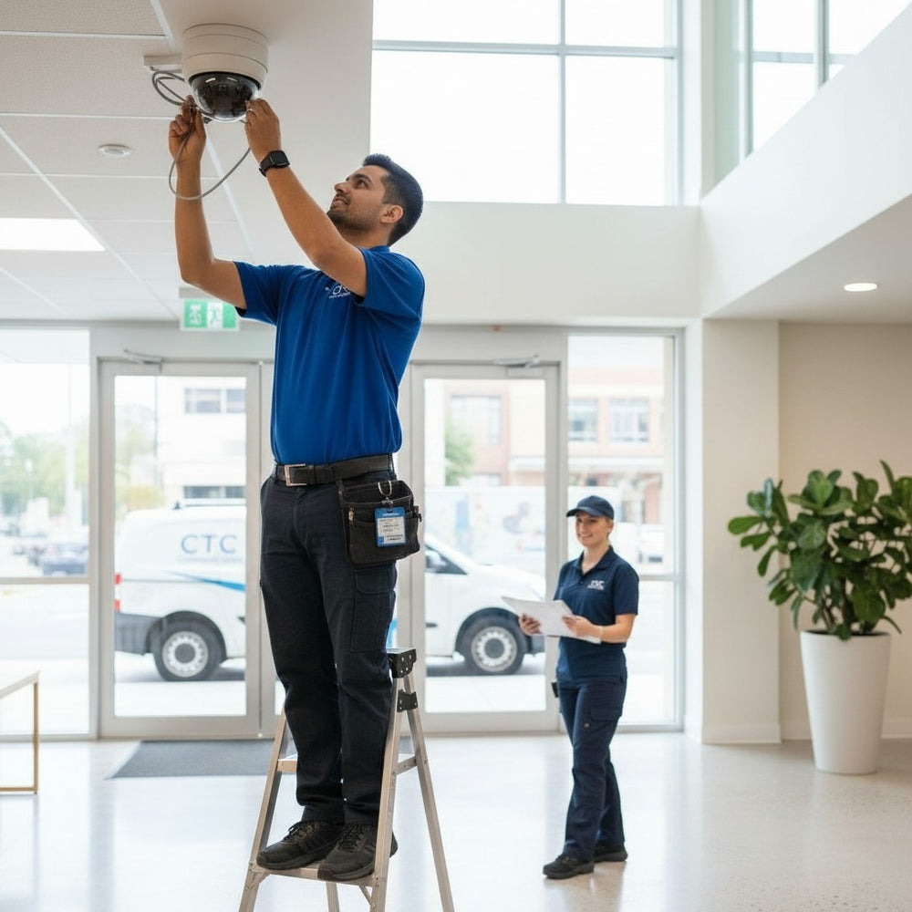 Person on a ladder installing a security camera in an office setting with another person observing.
